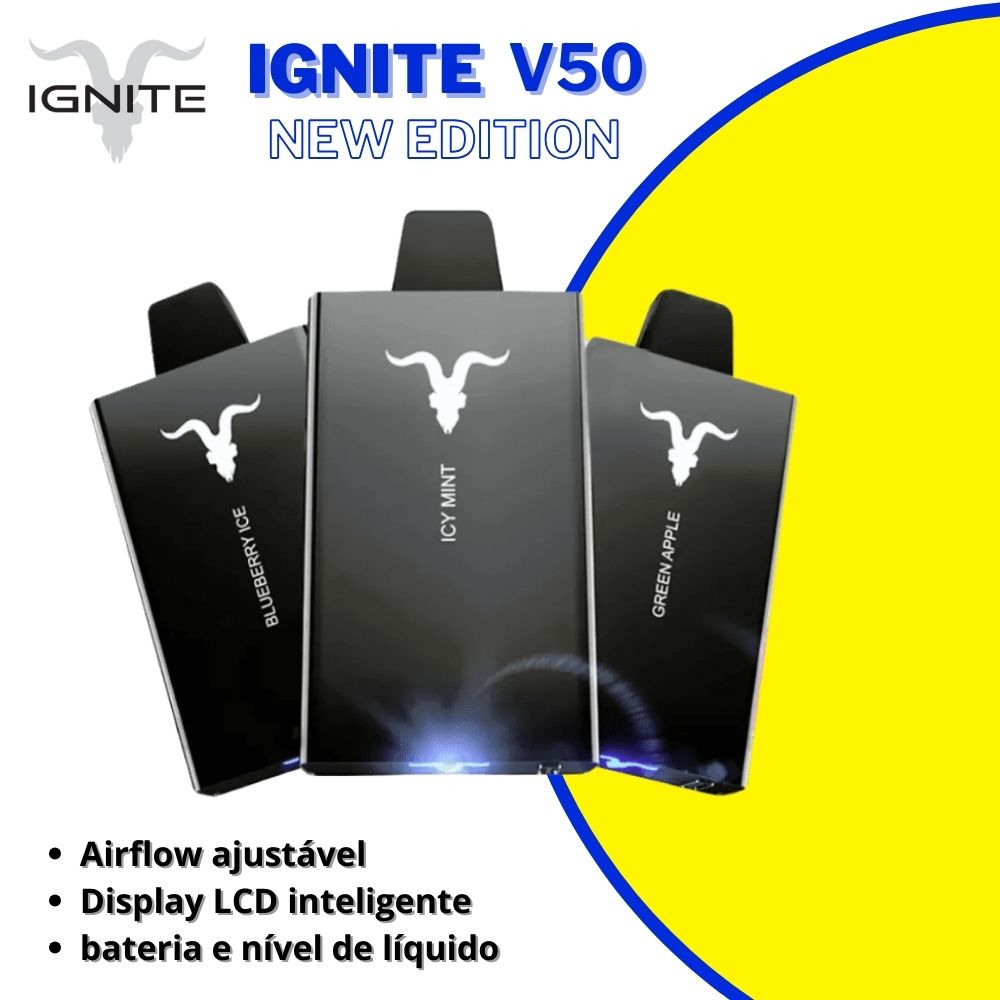 Ignite V50 New Edition Pod Descartável 5000 Puffs preto com tela inteligente, nova versão com 5000 puffs e sabores intensos – disponível na ShopMaxxPro