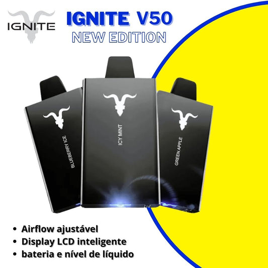 Ignite V50 New Edition Pod Descartável 5000 Puffs preto com tela inteligente, nova versão com 5000 puffs e sabores intensos – disponível na ShopMaxxPro