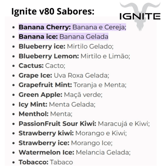 Pod descartável Ignite V80 Vape 8000 Puffs com bateria recarregável e entrega gratuita para Balneário Camboriú e Itajaí. Varios sabores
